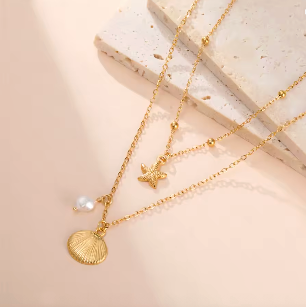 Beach Shell Starfish Pearl Layered Necklace