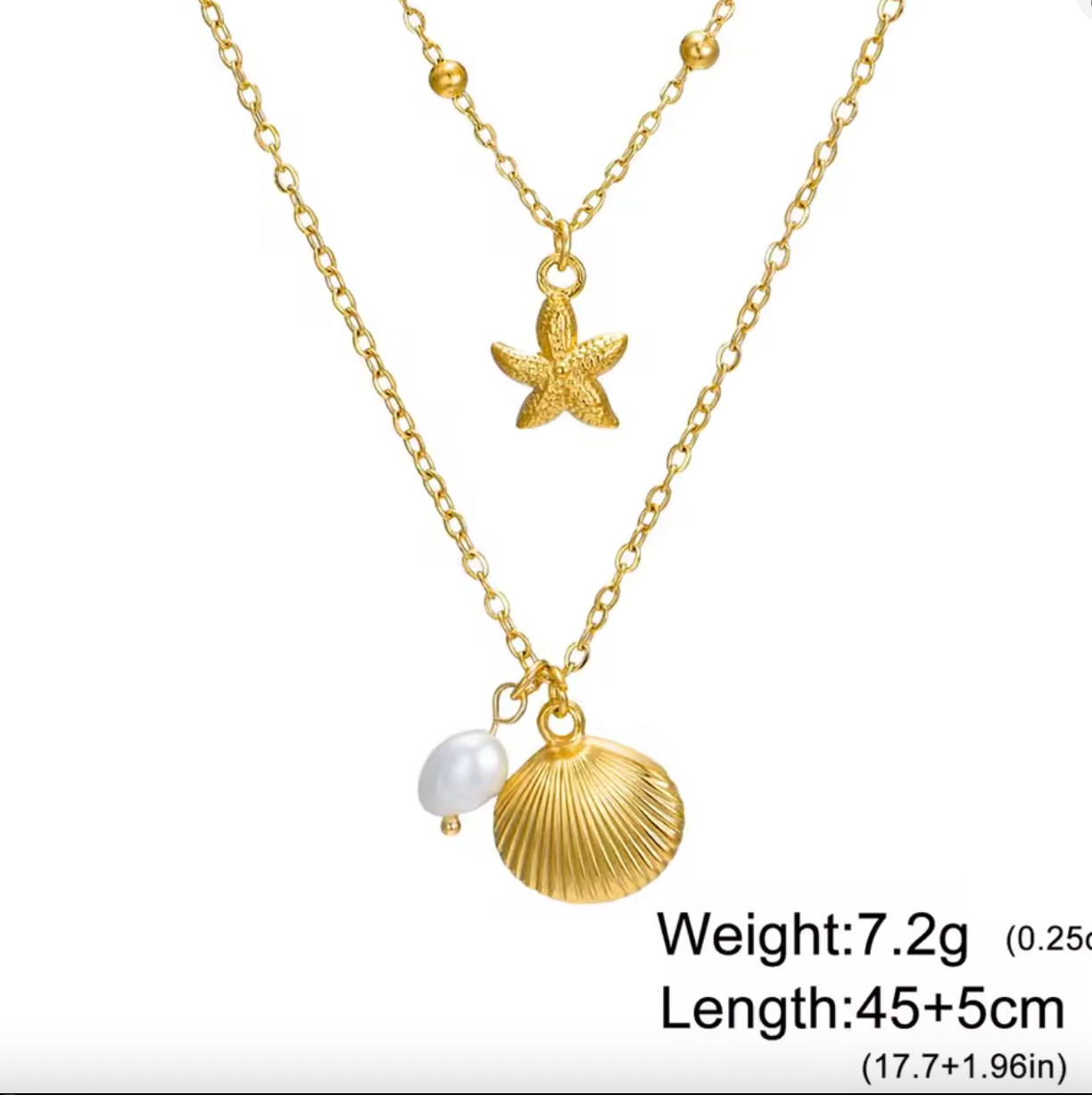 Beach Shell Starfish Pearl Layered Necklace