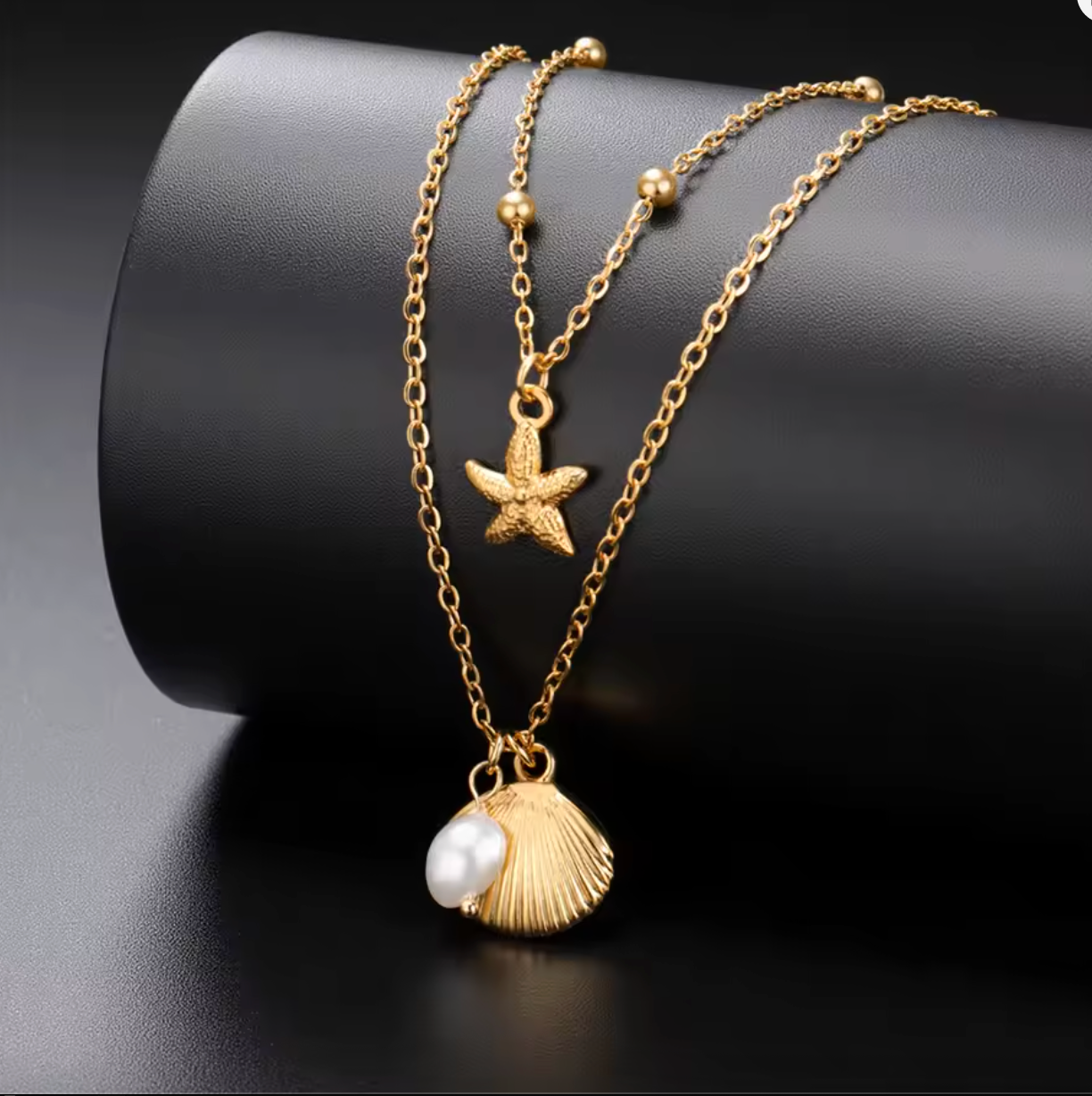 Beach Shell Starfish Pearl Layered Necklace