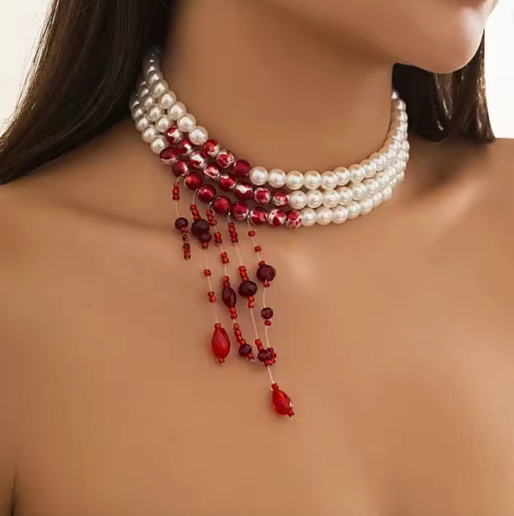 Gothic Multilayer Pearl & Red Crystal Choker Necklace