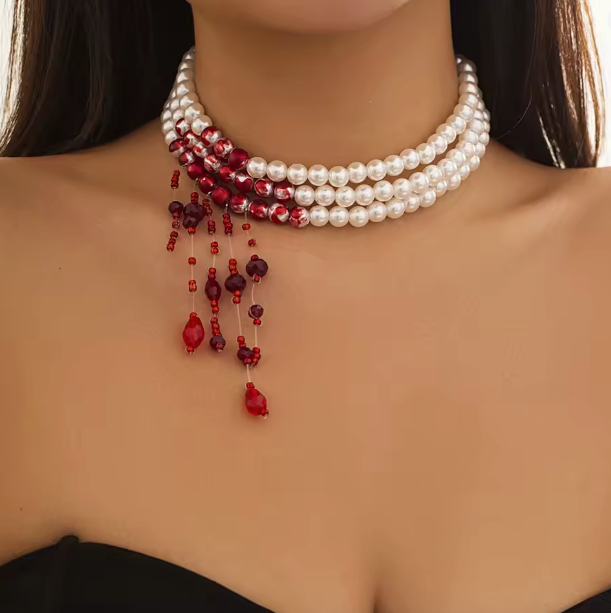 Gothic Multilayer Pearl & Red Crystal Choker Necklace