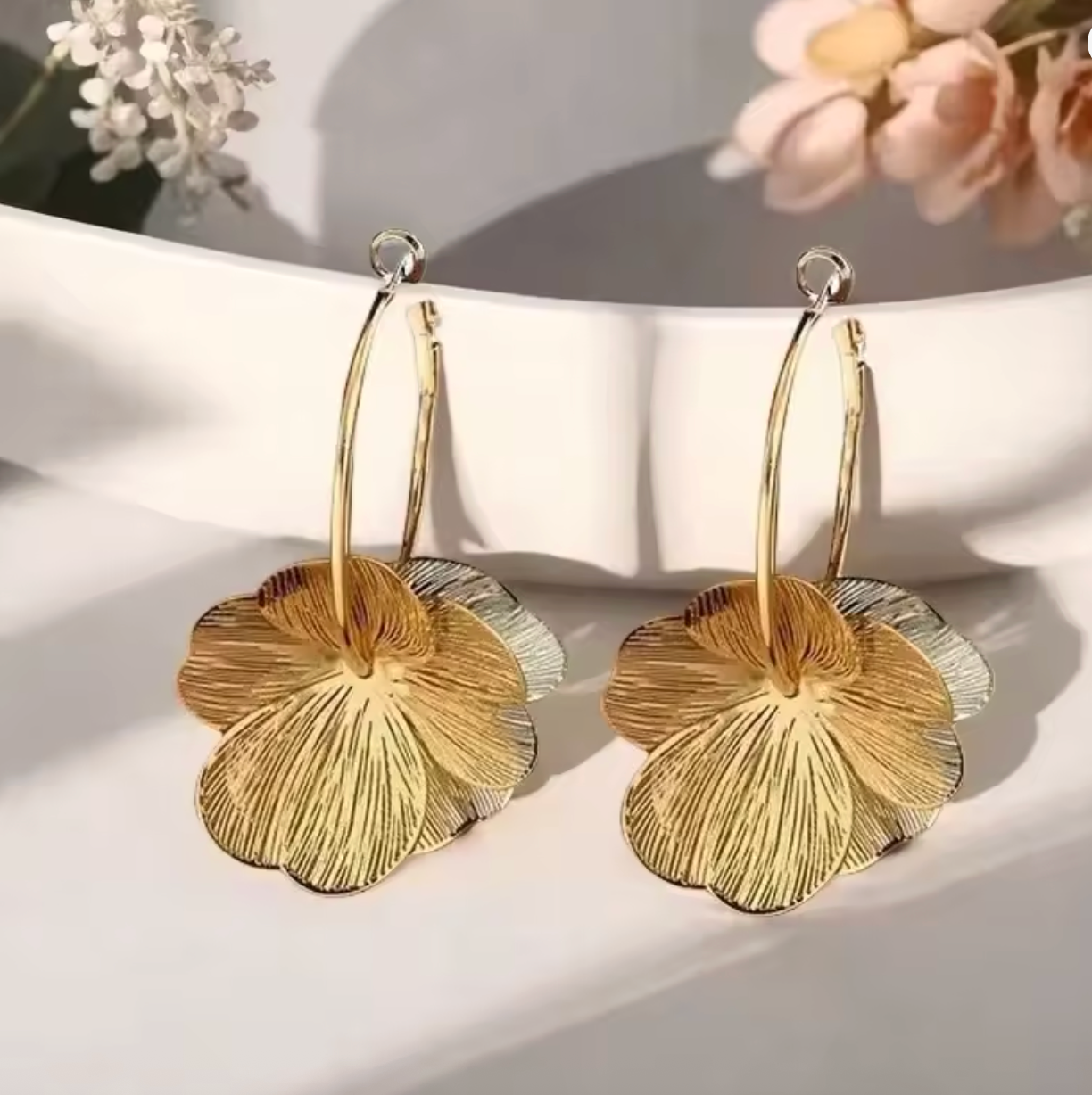 Stainless Steel Gold Double-Layer Hollow Flower Hoop Earrings