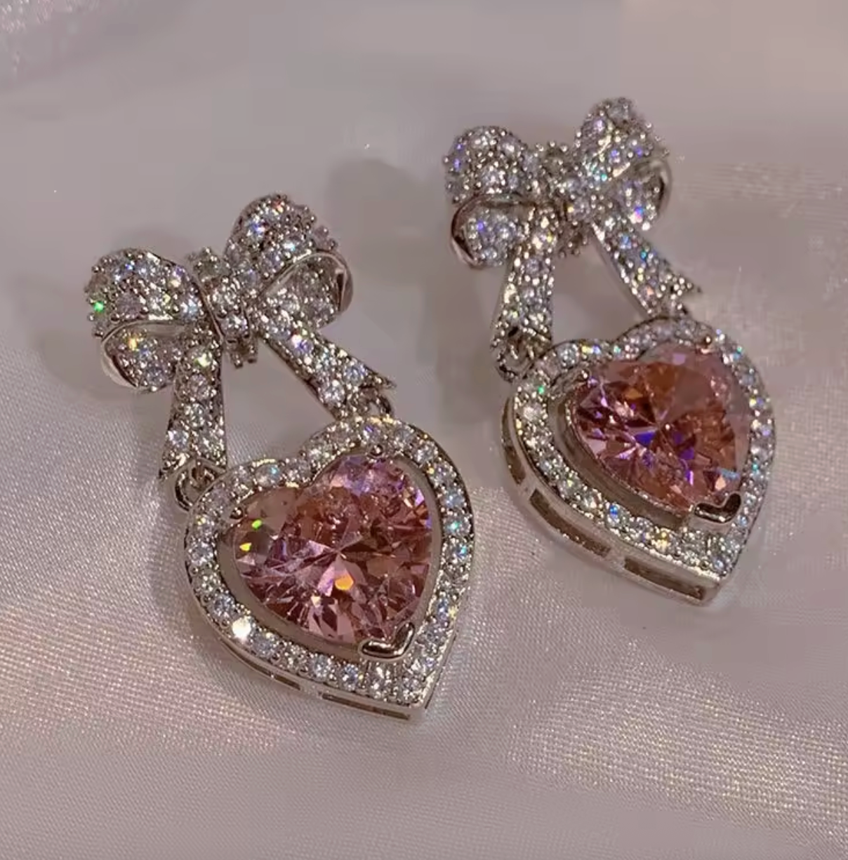 Exquisite Pink Heart Bowknot Stud Earrings